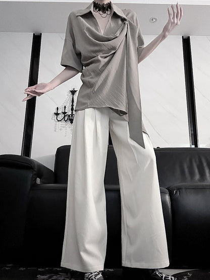 Top - Versatile Drop Shoulder Gray Short Sleeve Styling Neckline Crossover