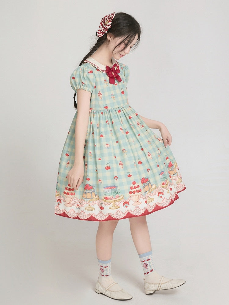 ミントグリーンのハイウエストチェリー＆デザートプリントのスイートロリータギンガムドレス