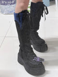 Blue Gothic Boots Trim Inner Lace-up Closure Zip with Front Ruffle Regular/Thicken Black Platform Version Ties