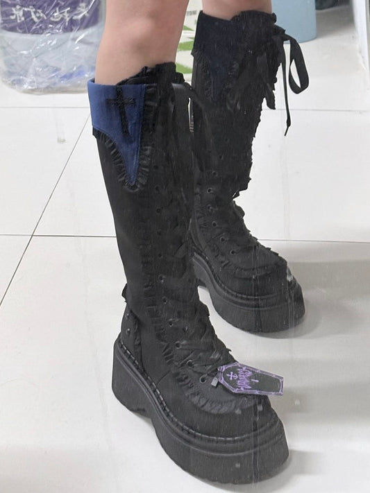 Blue Gothic Boots Trim Inner Lace-up Closure Zip with Front Ruffle Regular/Thicken Black Platform Version Ties
