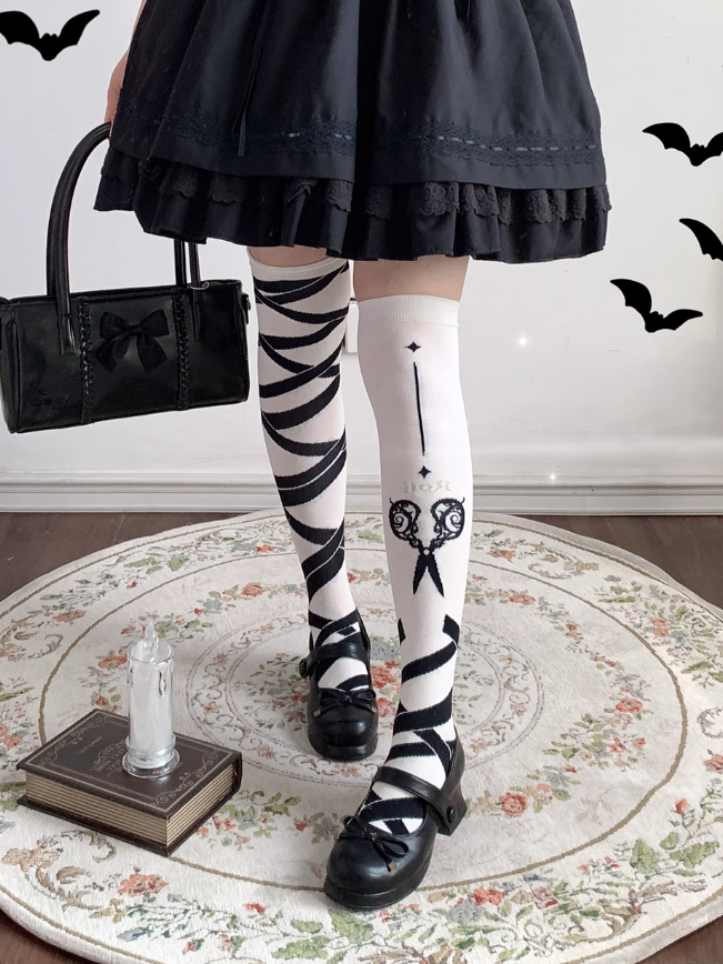 Lolita And Black Crisscross Stockings Strap Scissors White Pattern
