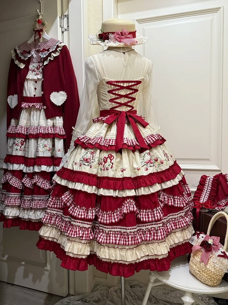 White Strawberry Dress Embroidery Red Ruffles Layered Sweet with Lolita