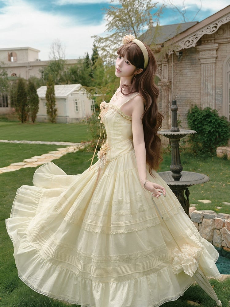 Yellow Sleeveless Lace Top with Floral Belt and Skirt - Penny House