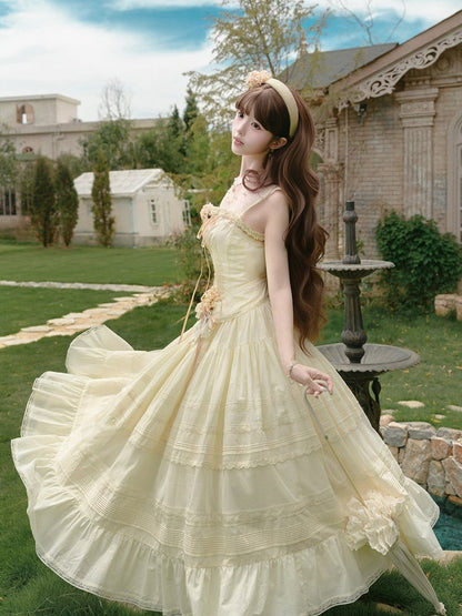 Yellow Sleeveless Lace Top with Floral Belt and Skirt - Penny House