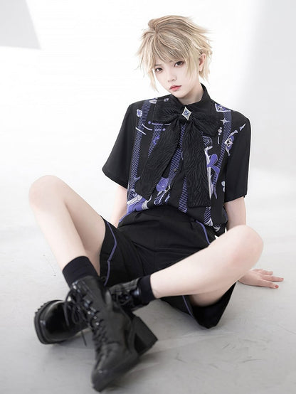 王子ファッションの蝶ネクタイ、マジシャンプリントのローズサマーシャツ、ポーカー