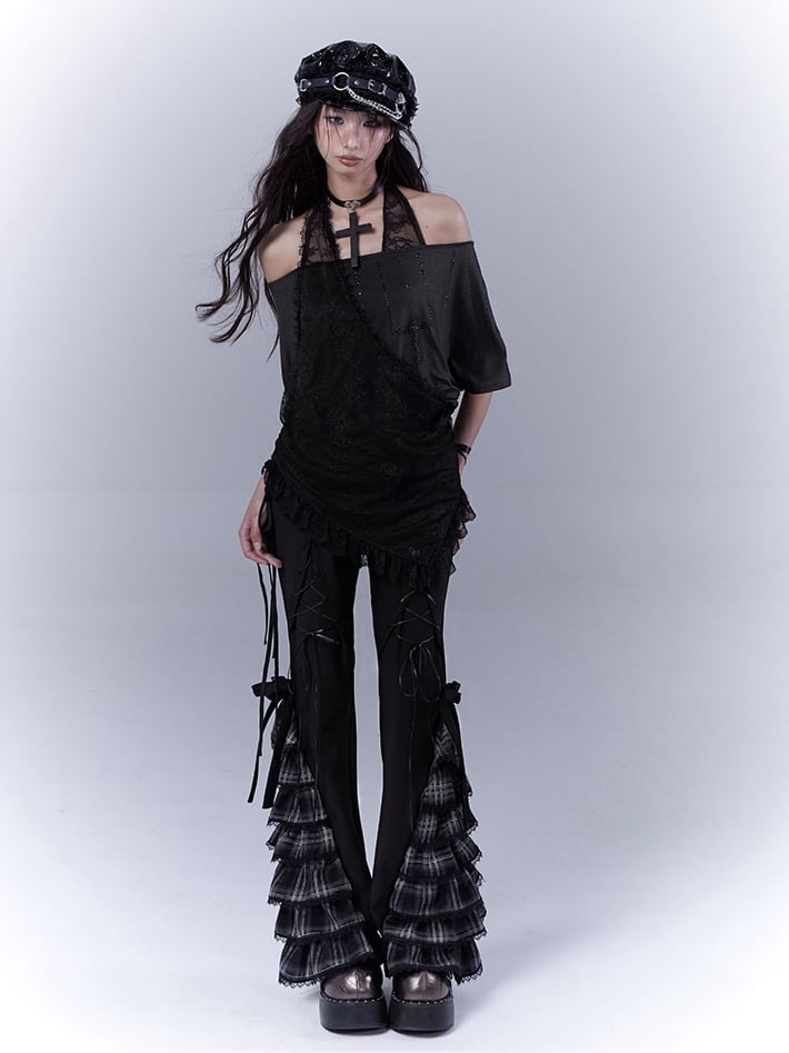Black Lace-Up Plaid Cuff Slim Pants - WSW No Body