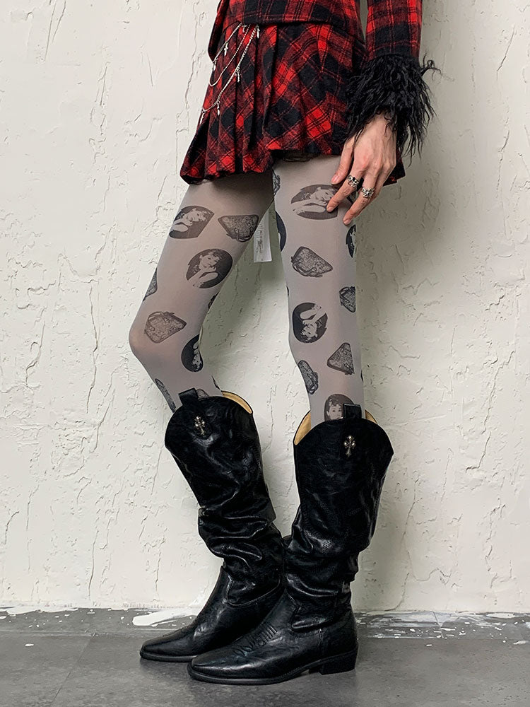 Y2K Gray Hepburn Print Tights