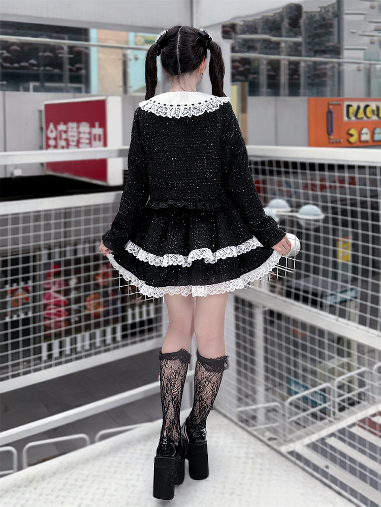 Jirai Jacket with Crop Kei Bow Heart and Accents Tweed Black Buttons