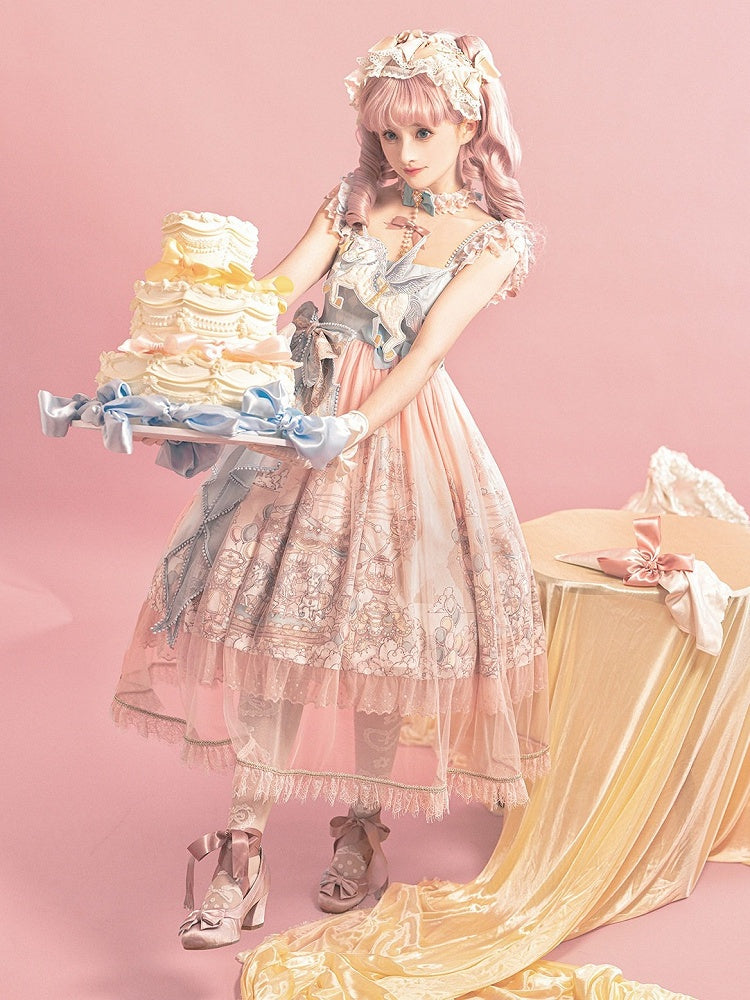 Amusement Park Themed Sleeveless Lolita Frock in Sweet Pink & Blue with Lace Choker - Xiong Dou Jiang