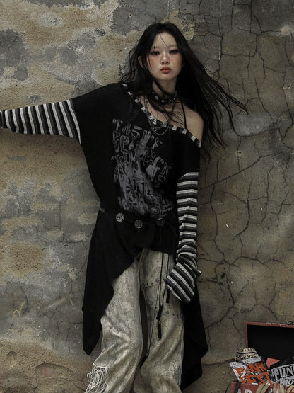 ブラックホワイトゴシックパンクレターズアシンメトリートップス