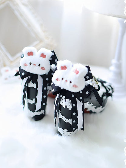 ブロックブラックロリータ装飾バニーボウプラッシュシューズ8CMトップヒールで甘い