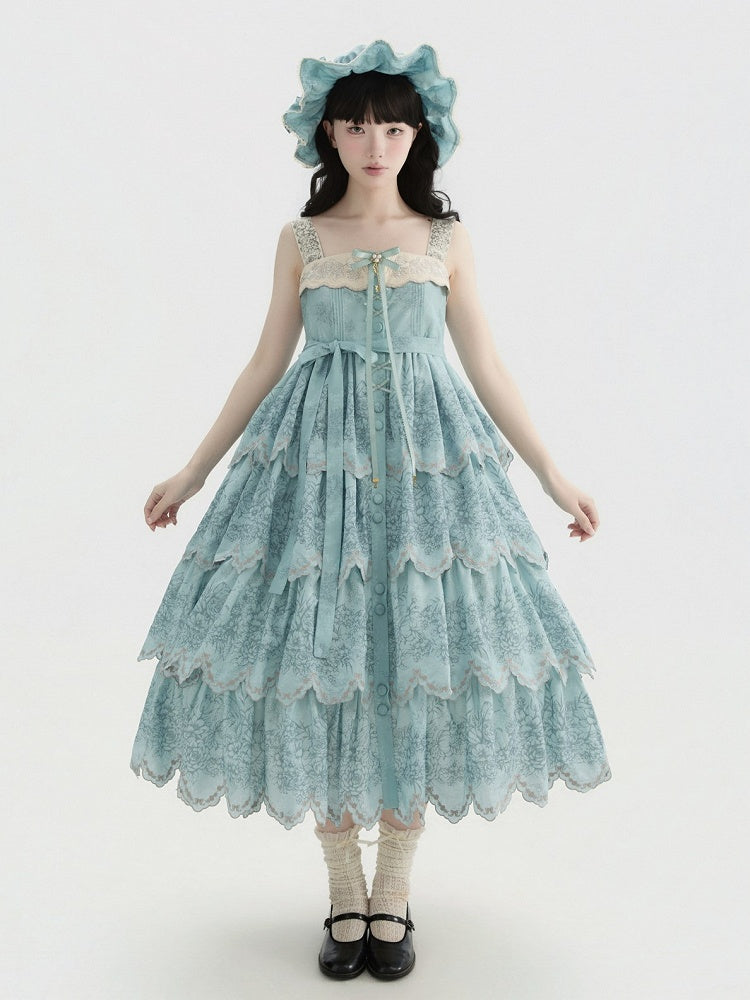 Jumper with Trim Scallop Skirt Blue Classic Layered Print Embroidered Lolita Floral