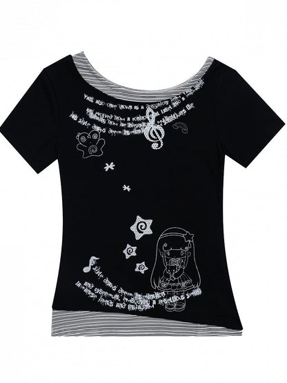 Black Y2K Fake Two-Piece Short Sleeve Tee with Cartoon Print - Languid Park