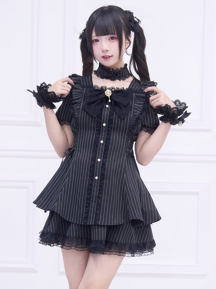 Full Kei Black Lace-up Matching Jirai Shoulder and Set: Cutout Skirt with Dress Striped Style Side Adjustable