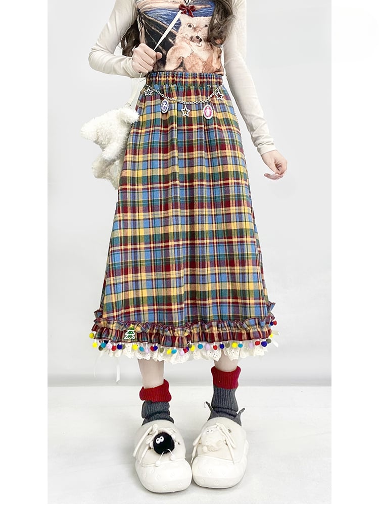 レインボーチェック柄ポンポン裾ミディ丈ヴィンテージスカート