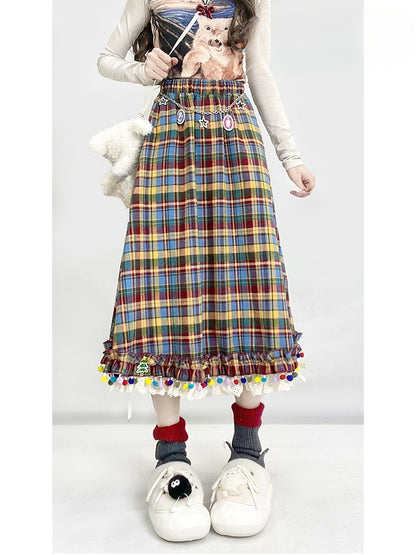 レインボーチェック柄ポンポン裾ミディ丈ヴィンテージスカート