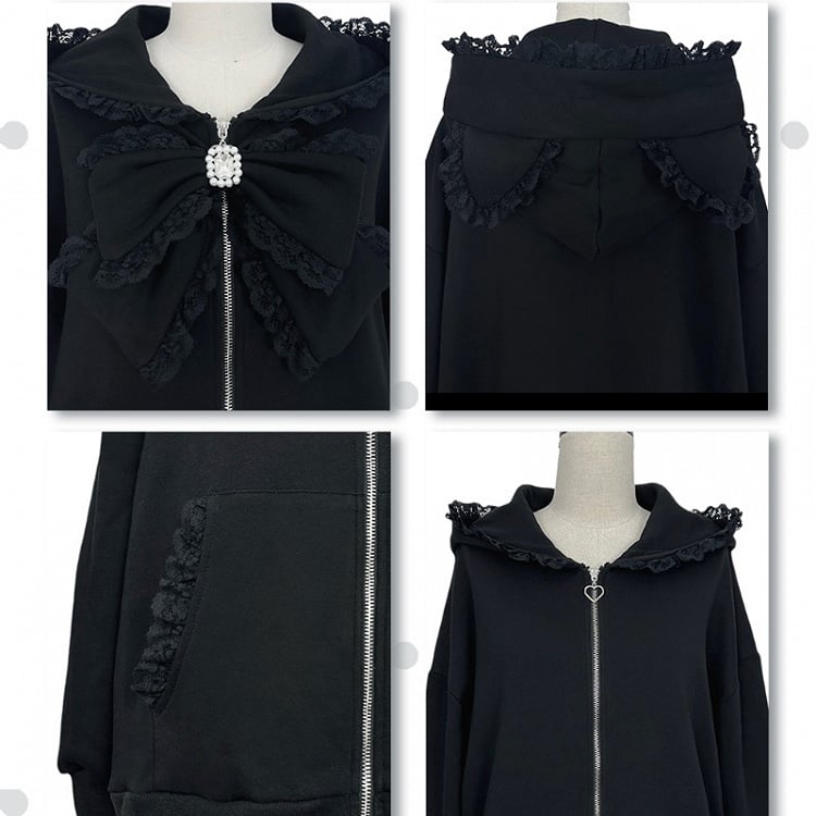 Trim with Hooded Ears Detachable Lace Jacket Kei White Kitty Big Jirai and Gray Bow