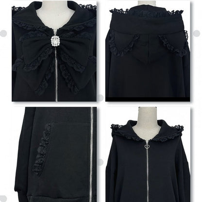 Trim with Hooded Ears Detachable Lace Jacket Kei White Kitty Big Jirai and Gray Bow