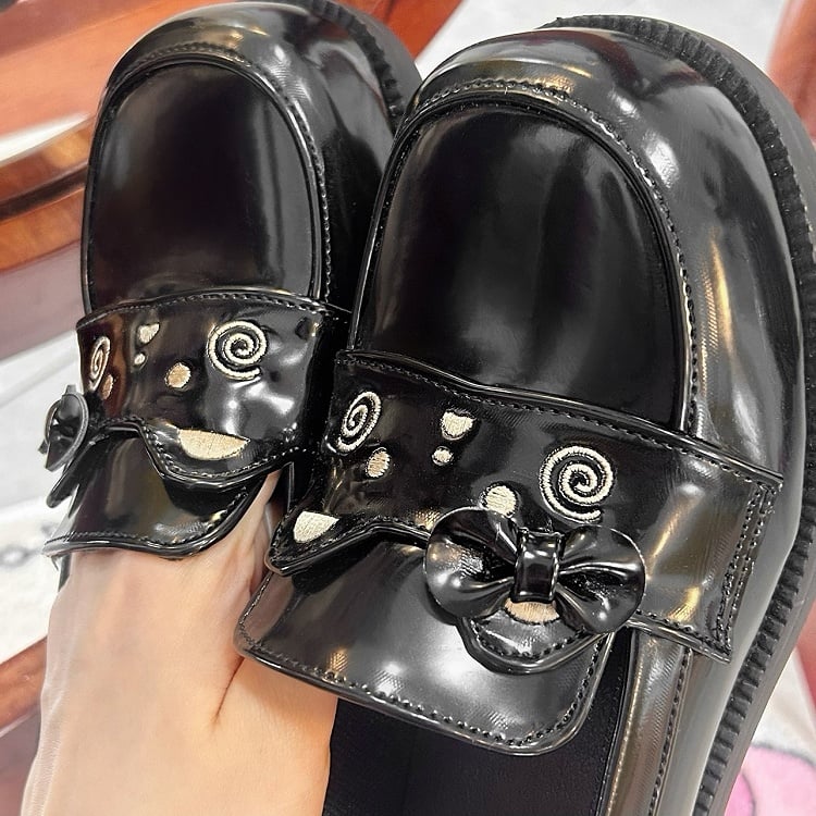 PU Black Loafers in Preppy Style with Bear Theme & Bow Decor
