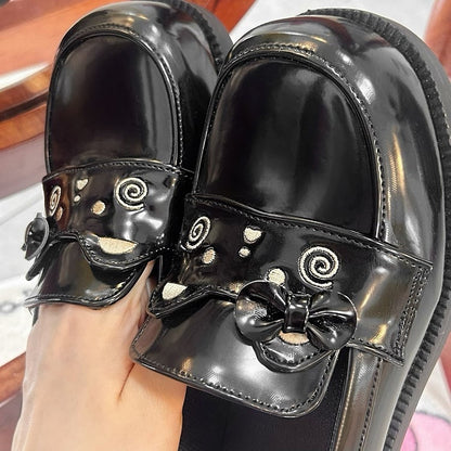 PU Black Loafers in Preppy Style with Bear Theme & Bow Decor