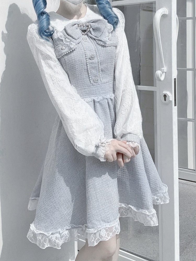 in Bow Blue: Kei Sleeves Elegant Jirai Beadwork Lace with Detachable Dress Long Tie Dusty Tweed