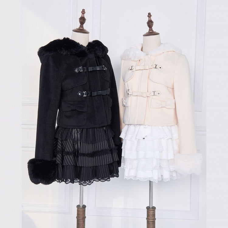 Bow Coat Plush Kei Short Jirai Apricot Trim with Hooded Pockets and