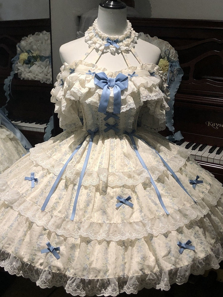 with Neck Lolita Halter Bowknots Dress Print Hime Trim Floral and Lace Blue White