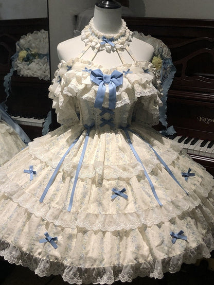 with Neck Lolita Halter Bowknots Dress Print Hime Trim Floral and Lace Blue White