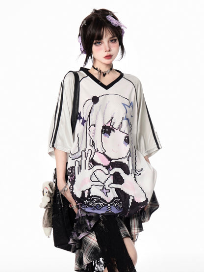 Cartoon Girl Print Black/Blue/Purple T-shirt Vintage V-neck Loose