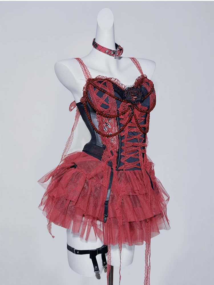 Gothic Red&Black Lace Trim Rosette Beaded Chain Corset Cami Top