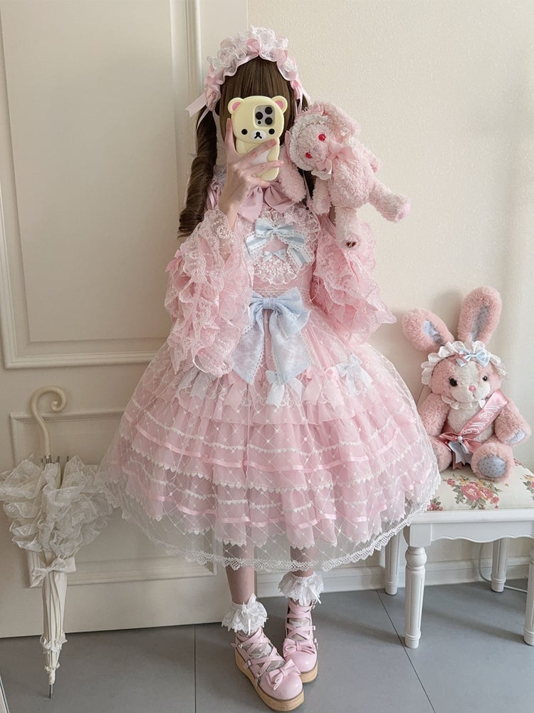 Lolita Bodice Princess Jumper Skirt Overlay Flower Heart Pink Applique Hem