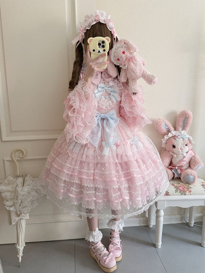 Lolita Bodice Princess Jumper Skirt Overlay Flower Heart Pink Applique Hem