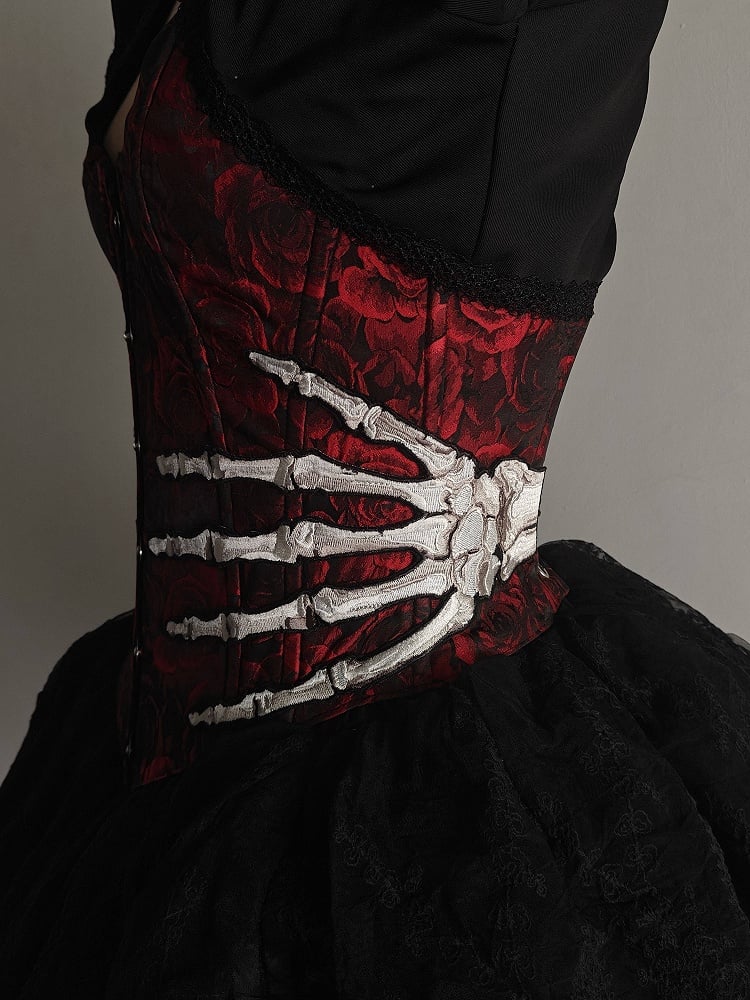 Red Rose Jacquard Gothic Corset with Skeleton Embroidery - The Morbid Observatory