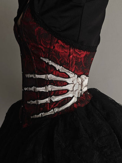Red Rose Jacquard Gothic Corset with Skeleton Embroidery - The Morbid Observatory