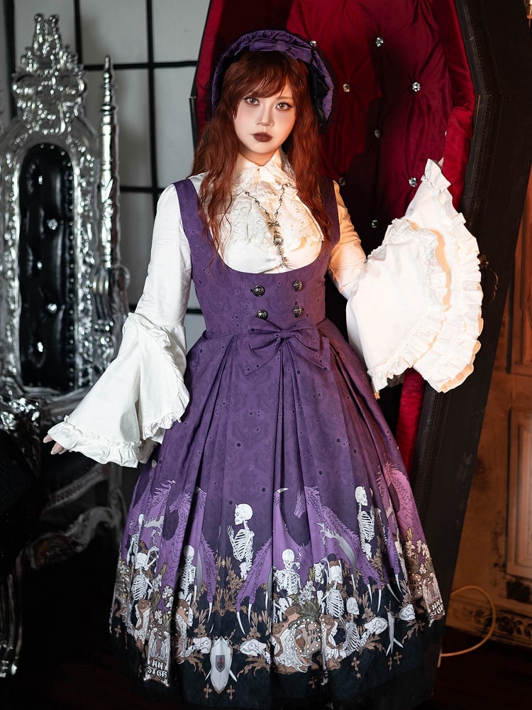 Purple Skeleton Cross Print Under Bust Gothic Lolita Dress with Black Lace Trim - NnSTAR