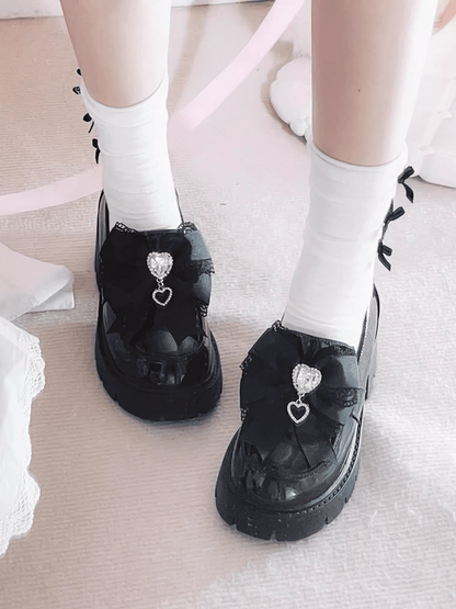 Polished 6cm Jirai with Black Loafers Rhinestone Sweetheart Bow Platform in Kei Heel