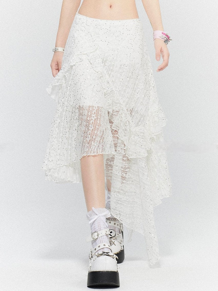White Hem Skirt with Lace Tiered Sequin Details Asymmetric