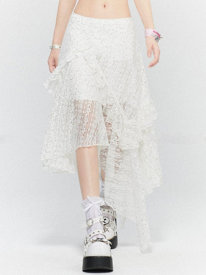 White Hem Skirt with Lace Tiered Sequin Details Asymmetric