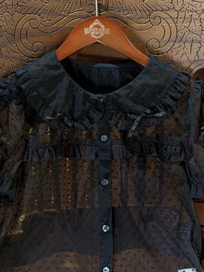 Black Peter Pan Collar Polka Dot Sheer Tulle Top - Dream Magic Box
