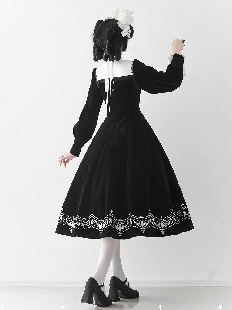 for Black Winter Autumn Details Nun and Embroidery Sleeves Lolita Velvet Dress Long