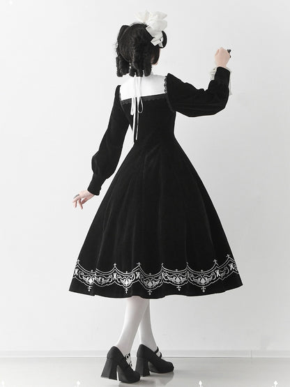 for Black Winter Autumn Details Nun and Embroidery Sleeves Lolita Velvet Dress Long