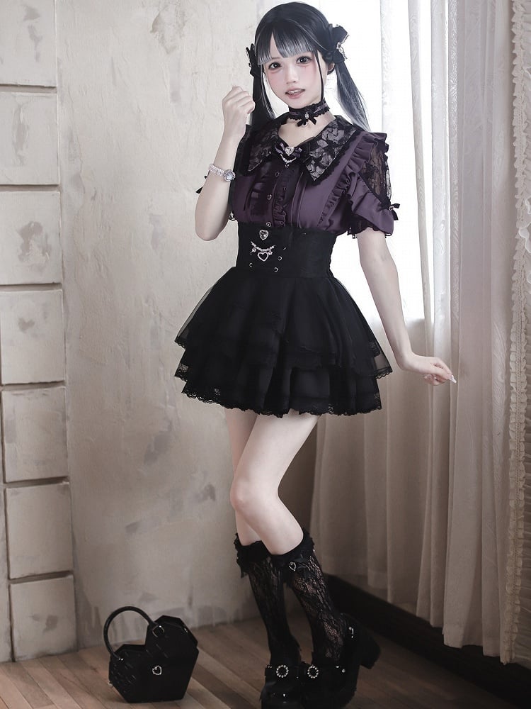 Jirai Kei Purple Lace Cutout Shoulder Short Sleeve Blouse with Ruffle Details - Ekomi