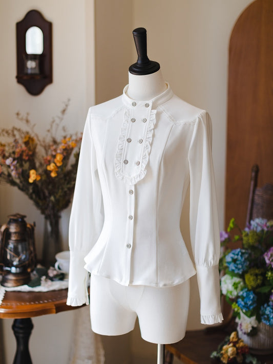 ホワイトのエレガントなレトロな秋の長袖シャツ