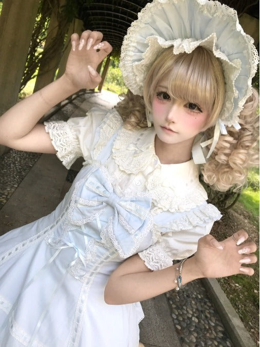 Snowfall-Themed Blue Cotton JSK Dress with Vintage Ruffle Accents