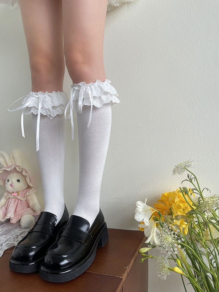Weiß/Schwarze Unterknee-Doppelschicht-Strümpfe mit Schleifendetails und Spitze