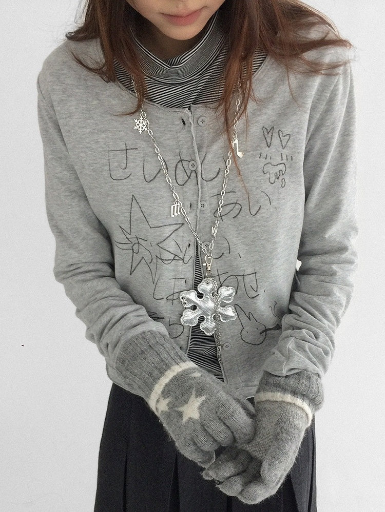 Neck Button Front Print with Cardigan Round - Grey Kawaii Letter Bunny Daily