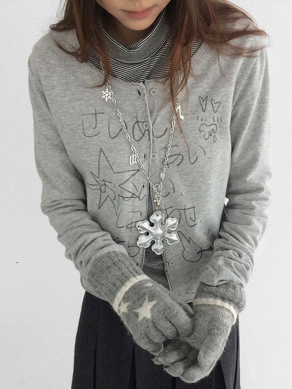 Neck Button Front Print with Cardigan Round - Grey Kawaii Letter Bunny Daily