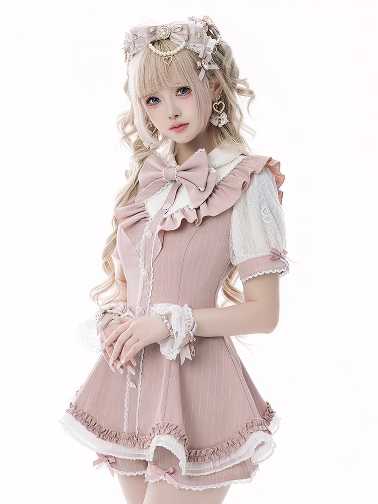 Set - Top Striped Brooch Scalloped Edge with Pink Kei Matching Shorts Bow Jirai