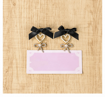 Pink/Black Jirai Kei White/Dusty Bow Beaded Heart Ear Clips