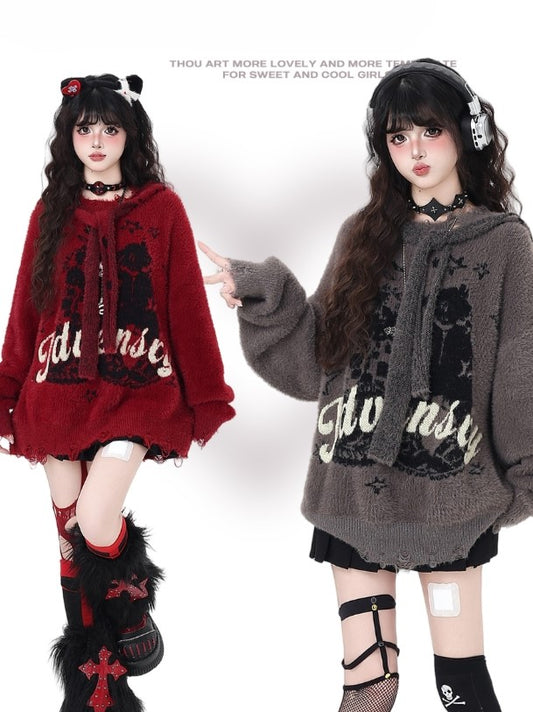 Vintage Lettered Plush Sweater with Distress Trim and Detachable Hood Red/Dark Brown